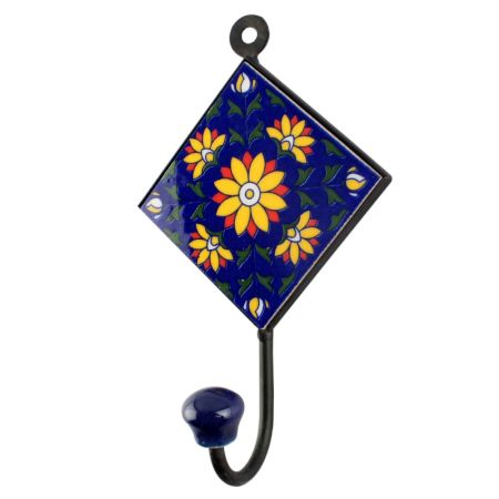 Navy Blue Sunflower Ceramic Tile Wall Hook